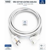 Viko Seyyar Uzatma Kablosu 15 Metre 3x2.5 mm Cca Kablo | Orijinal Viko Erkek Dişi Fiş | Klemensli Terminalli | Topraklı | Tse Ce Belgeli - Beyaz