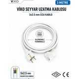 Viko Seyyar Uzatma Kablosu 3 Metre 3x2.5 mm Cca Kablo | Orijinal Viko Erkek Dişi Fiş | Klemensli Terminalli | Topraklı | Tse Ce Belgeli - Beyaz