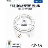Viko Seyyar Uzatma Kablosu 5 Metre 3x2.5 mm Cca Kablo | Orijinal Viko Erkek Dişi Fiş | Klemensli Terminalli | Topraklı | Tse Ce Belgeli - Beyaz