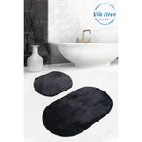 Vila Nova Home 2'li Siyah Oval Düz Renk Peluş Post Yumuşak Yıkanabilir Banyo Halısı Klozet TAKIMI(100X60-60X50)