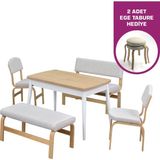 Vilinze Ege Sandalye Avanos Ahşap Mdf Açılır Mutfak Masası Takımı - 70X120+30 cm - Beyaz - Naturel - 2 Sandalye 2 Bank