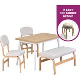 Vilinze Ege Sandalye-Bank Avanos Ahşap Mdf Mutfak Masası Takımı - 70X120 cm - Beyaz - Naturel - 2 Sandalye 1 Bank