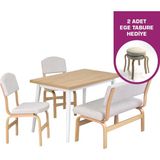 Vilinze Ege Sandalye-Bank Avanos Ahşap Mdf Mutfak Masası Takımı - 70X120 cm - Beyaz - Naturel - 2 Sandalye 1S Bank