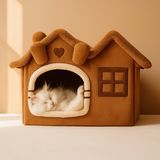 Villa Kedi Evi Peluş Kapalı Kedi Yatağı Minderli Katlanır Kedi Evi L Boy Oumo - Camel