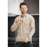 Vilnius Slim Fit Çizgili Gömlek Yaka Yarım Fermuarlı Erkek Triko - Camel