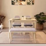 VİNA MİNİ AÇILIR MUTFAK MASA TAKIMI, GRİ (1 Masa + 2 Sandalye + 1 Bench) | 110x50-70 cm, Keten Kumaş Döşeme, Ahşap Ayaklar