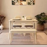 VİNA MİNİ AÇILIR MUTFAK MASA TAKIMI, KREM (1 Masa + 2 Sandalye + 1 Bench) | 110x50-70 cm, Keten Kumaş Döşeme, Ahşap Ayaklar