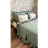 Vintage Adaçayı Yeşili Fırfırlı Yatak Örtüsü Çift Kişilik 3 Parça - Açık Yeşil - 250 x 260 cm