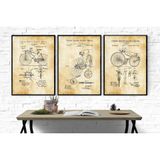 Vintage Bisiklet Patent Çizimleri Duvar Sanat Seti, 3 Parça Çerçeveli Tablo, Retro Dekoratif Poster, Kahverengi Antik Görünüm