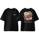 Vintage Camera Capture Tasarım Sırt Baskılı Pamuk Siyah Oversize T-Shirt