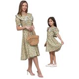 Vintage Çiçekli Yakalı Poplin Midi Boy ANNE-KIZ Kombini (Yeşil, S)