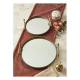 Vintage Dekoratif Jardinyer Aynalı Bronz Yuvarlak 2 Li Tepsi