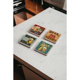 Vintage Drink Temalı Doğal Taş Traverten Bardak Altlığı 4 Lü Set