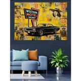 Vintage Graffiti Duvarı Fonlu Siyah Araba Ve "Western Motel" Tabelası Dekoratif Kanvas - Mdf Ahşap Tablo