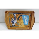 Vintage Kahve Temalı Metal Dekoratif Tepsi, 16x25 cm, Altın Renk