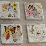 Vintage Kelebekli Kolaj Doğal Taş Bardak Altlığı 4'lü set - Natural Stone Coasters