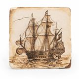 Vintage Korsan Gemisi Desenli Taş Bardak Altlığı, 10x10x1,5 cm, Eskitme Görünümlü, Yelkenli Kalyon Tasarımlı