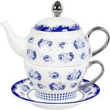 Vintage Mavi Çiçekli Çay Seti, Puantiyeli Porselen 450 ml Çaydanlık, 220 ml Fincan
