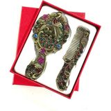 Vintage Metal Ayna ve Tarak Seti, Antik Bronz, Çiçek Desenli, Renkli Taşlı, El Aynası ve Saç Tarağı, 13 cm