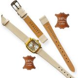Vintage Model Kare-Oval Gold Kasa Retro Still - Bej Hakiki Deri Kordon Kadın Kol Saati 0034 - 20 cm