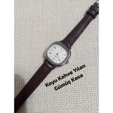 Vintage Model Kare-Oval Gümüş Kasa Retro Still - Koyu Kahve Kordon Kadın Kol Saati 0054 - 20 cm