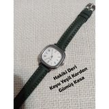 Vintage Model Kare-Oval Gümüş Kasa Retro Still - Koyu Yeşil (Hakiki Deri) Kordon Kadın Kol Saati 0054 - 20 cm