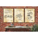 Vintage Motosiklet Patent Çizimleri Duvar Sanatı, 3 Parça Set, Antik Kağıt Görünümlü, Siyah Çerçeveli, Dekoratif Tablo, Garaj ve Ofis Dekorasyonu