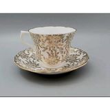Vintage Porselen Çay Fincanı ve Tabağı Seti, Altın Yaprak Desenli, Beyaz ve Gri - Genel