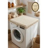 Vintage Püsküllü Çamaşır Makinesi Örtüsü - Çeyizlik Buldan Bezi Dekoratif Banyo Makine Kılıfı Bej
