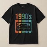 Vintage Retro 1990'S Baskılı Kaset %100 Pamuk Oversize Bisiklet Yaka Unisex T-Shirt - Siyah