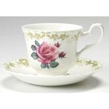 Vintage Rose Porselen 2'li Standart Çay Fincan Set Fine Bone China England 2012 Çiçek Yeşil
