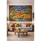 Vintage Serisi Geyik Ailesi Duvar Halısı Duvar Örtüsü Wall Tapestry - 70 x 50 cm