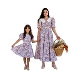 Vintage Yakalı Pastel Çiçekli Balon Kol Kloş Elbise ANNE-KIZ Kombini (Kahverengi, M)