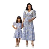 Vintage Yakalı Pastel Çiçekli Balon Kol Kloş Elbise ANNE-KIZ Kombini (Mavi, S)