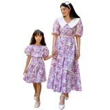 Vintage Yakalı Pastel Çiçekli Balon Kol Kloş Elbise ANNE-KIZ Kombini (Pembe, S)