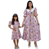 Vintage Yakalı Pastel Çiçekli Balon Kol Kloş Elbise ANNE-KIZ Kombini (Turuncu, S)