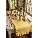vintagetasarım runner çiçekli fırfırlı vintage sarı duck keten 40x130cm