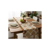 vintagetasarım runner etnik desen fırfırlı kahverengi duck keten 40x130cm
