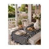 vintagetasarım Runner kareli fırfırlı vintage siyah duck keten 40x130