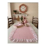 vintagetasarım runner pembe fistolu fırfırlı vintage duck keten 40x130cm