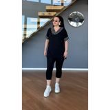 Vio Moda Büyük Beden Yaka Çizgili Tayt Takım