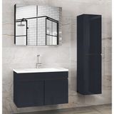 Viola1 Siyah 80+35 cm Ayna Dolaplı, Boy Dolaplı Seramik Lavabolu Mdf Banyo Dolabı Seti--Hazır Kurulu--