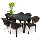 Violet Rattan Masa Takımı 80x140 Camlı Masa 6 Kişilik Bambu Sandalye Seti Bahçe Balkon Teras Takımı - Kahverengi