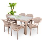 Violet Rattan Masa Takımı 80x140 Camlı Masa 6 Kişilik Bambu Sandalye Seti Bahçe Balkon Teras Takımı - Kapuçino