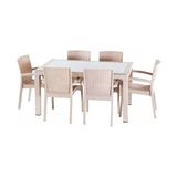 Violet Rattan Masa Takımı 80x140 Camlı Masa 6 Kişilik Rttan Sandalye Seti Bahçe Balkon Teras Takımı - Bej - Krem