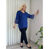 ViolettaXL Kadın Büyük Beden Yaka Taşlı Kolları Tüllü Esnek Viskon Tunik - 48 - Saks Mavi