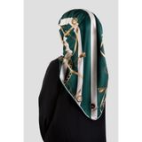 VİOLLA Twill Çizgili Kemer ve Zinci Desenli Petrol Yeşili Renkli 90x90 Eşarp (İpek İçermez) Kenar Dikiş Şek