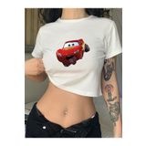 Violon Dil Çıkartan Mcqueen Cars Baskı Model Beyaz Kadın Crop Body Tişört