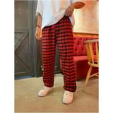 Violon Harajuku Kare Ekose Desenli Kırmızı Rahat Kesim Pijama Eşofman Altı - 4BY-Kırmızı