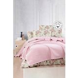 Vionel Home %100 Pamuklu Çift Kişilik Yatak Örtüsü Pike, Waffle Desen Ponponlu Pembe Pike